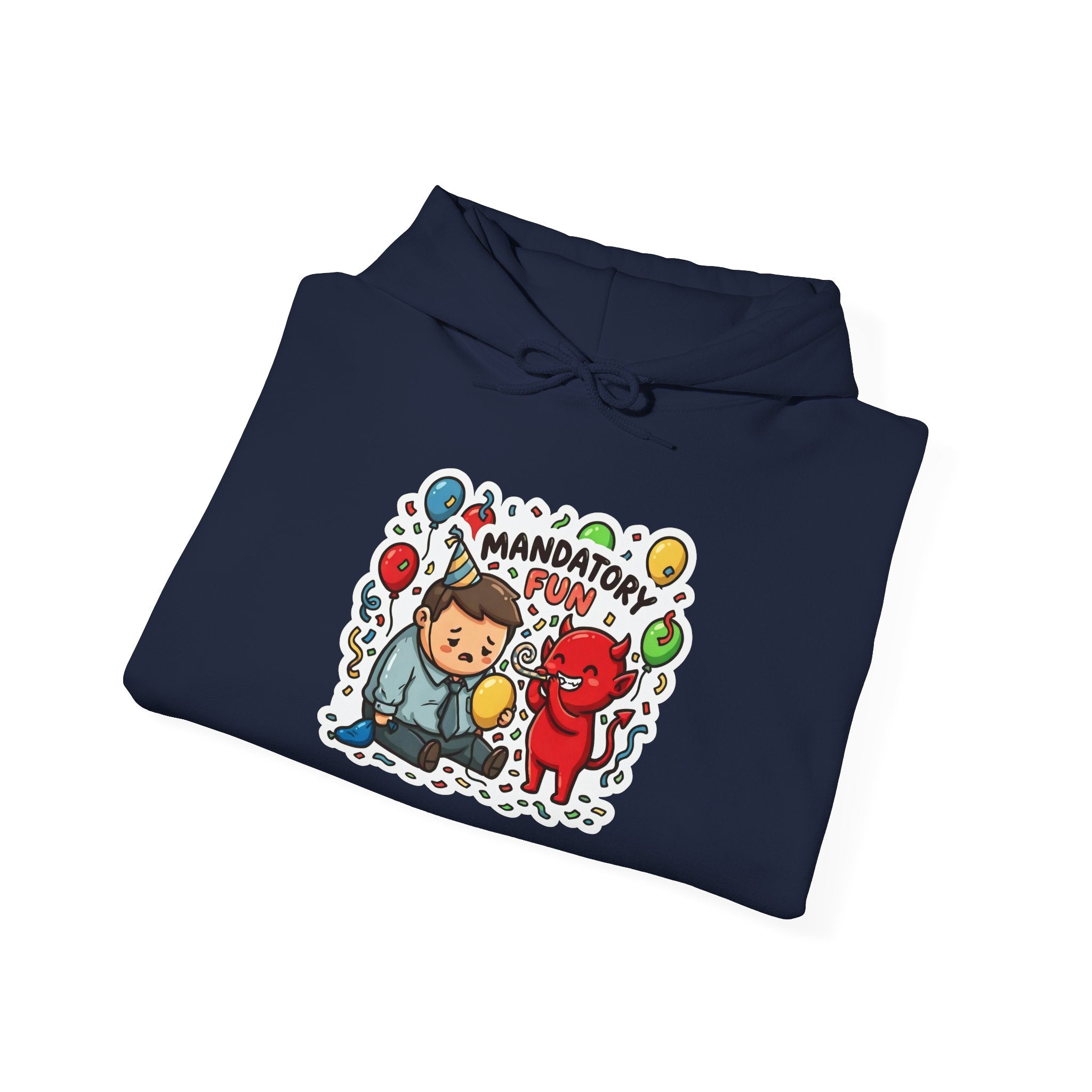 MANDATORY FUN. — Forced Morale Hoodie · Funny Office Humor Sweatshirt