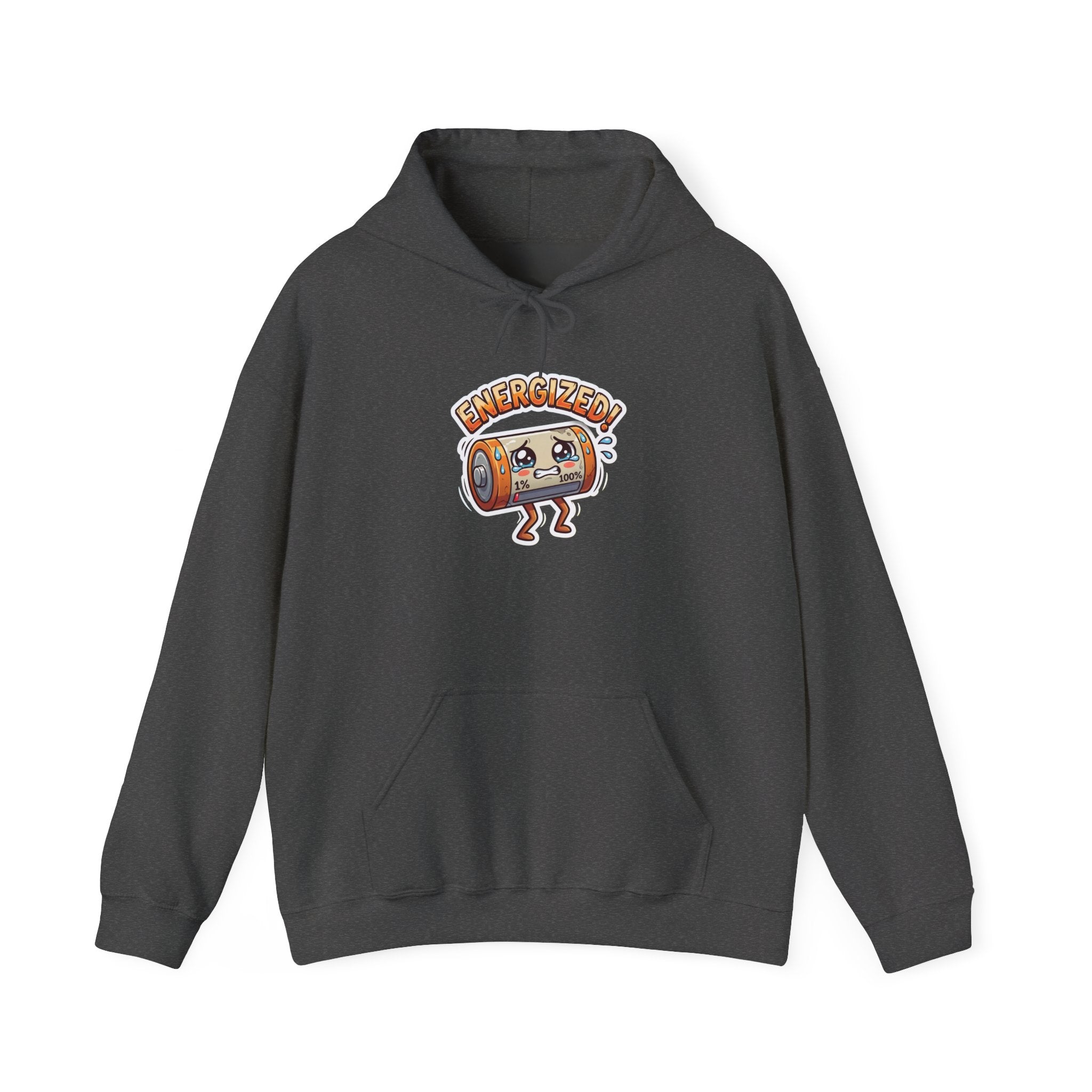 ENERGIZED! — Drained Battery Hoodie · Funny Office Humor Sweatshirt
