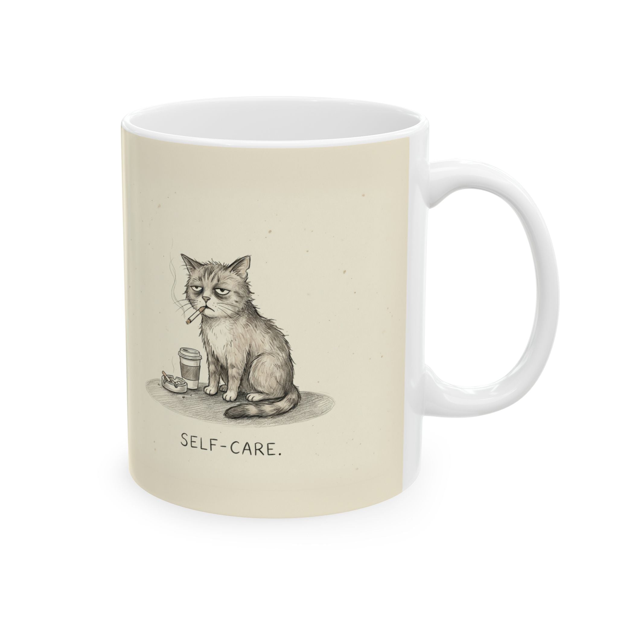 Self-Care Ceramic Coffee Mug — Deadpan Burnout Office Humor Cat Mug (11oz, 15oz)