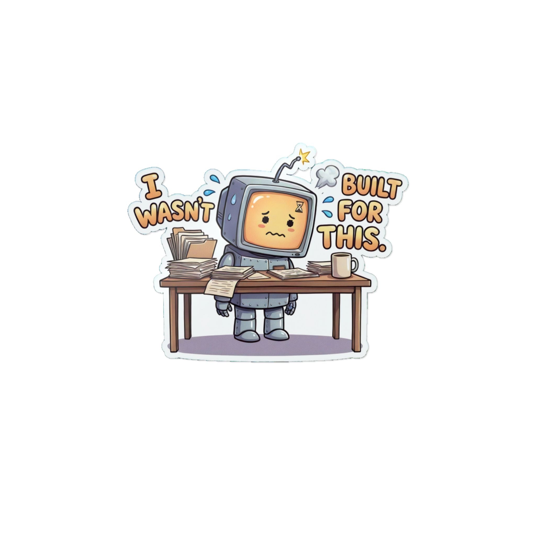 I WASN'T BUILT FOR THIS. — Stressed Robot Die-Cut Sticker (Amber) · Office Humor