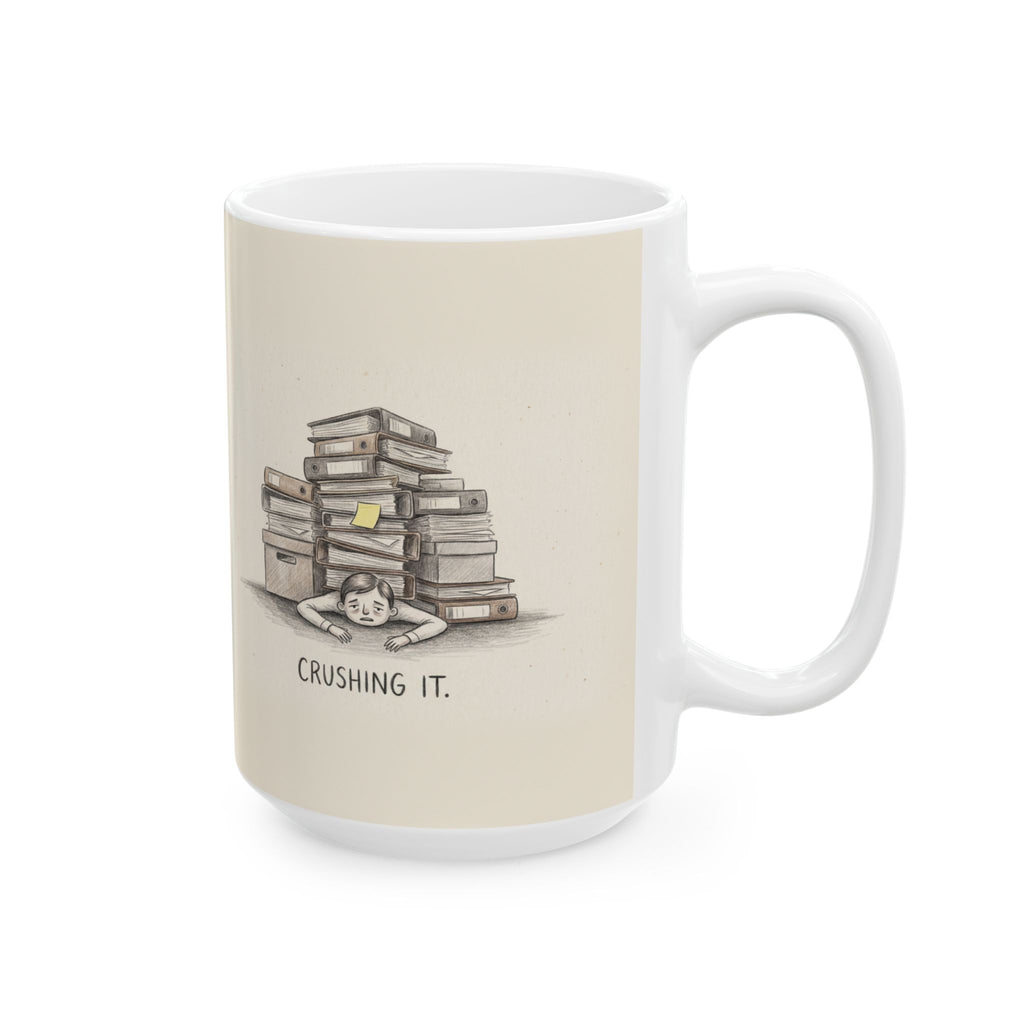 Crushing It Ceramic Coffee Mug — Deadpan Ironic Office Hustle Mug (11oz, 15oz)