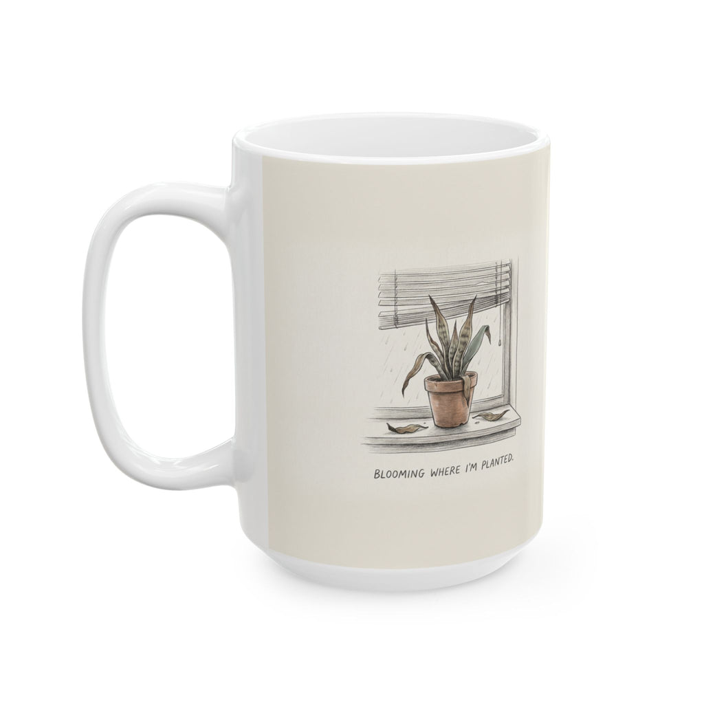 Blooming Where I'm Planted Ceramic Coffee Mug — Funny Dead-Plant Office Burnout Mug (11oz, 15oz)