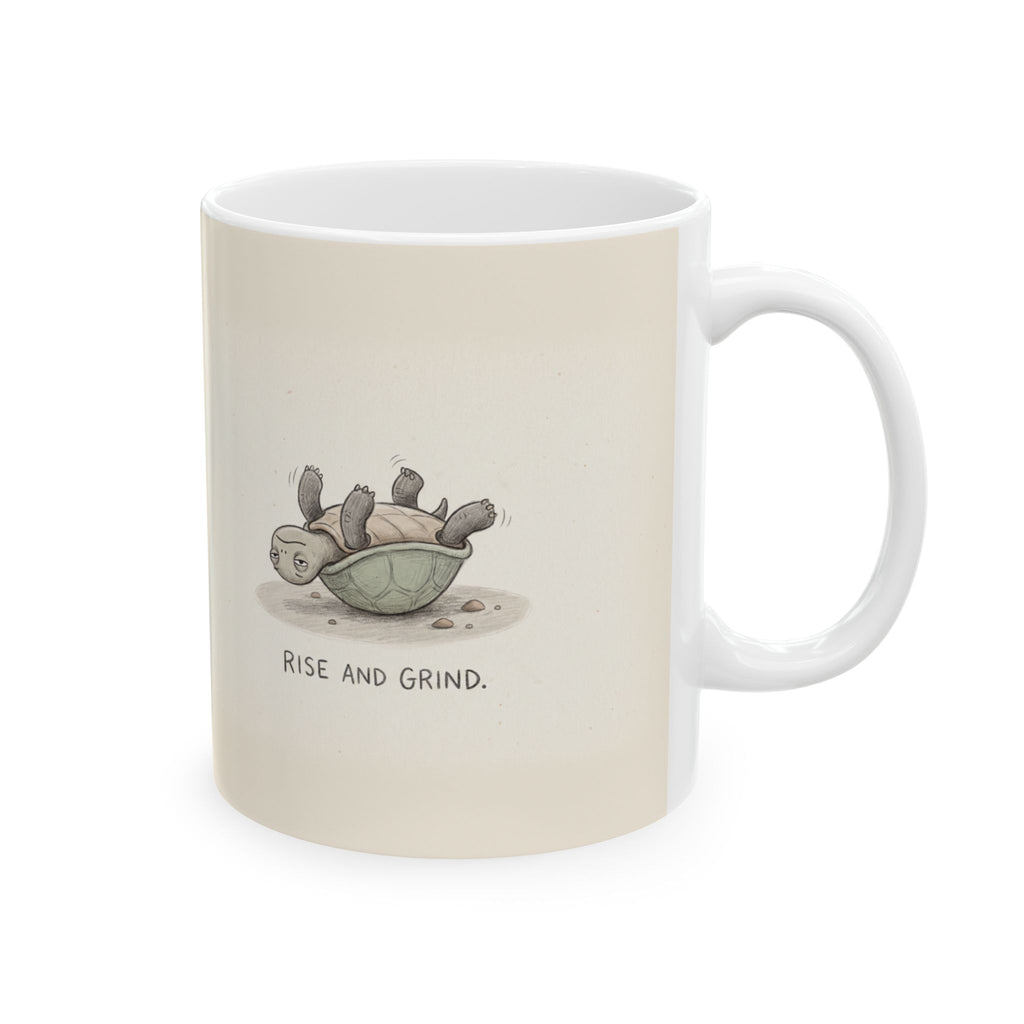 Rise and Grind Ceramic Coffee Mug — Funny Hustle-Culture Stranded Turtle Mug (11oz, 15oz)