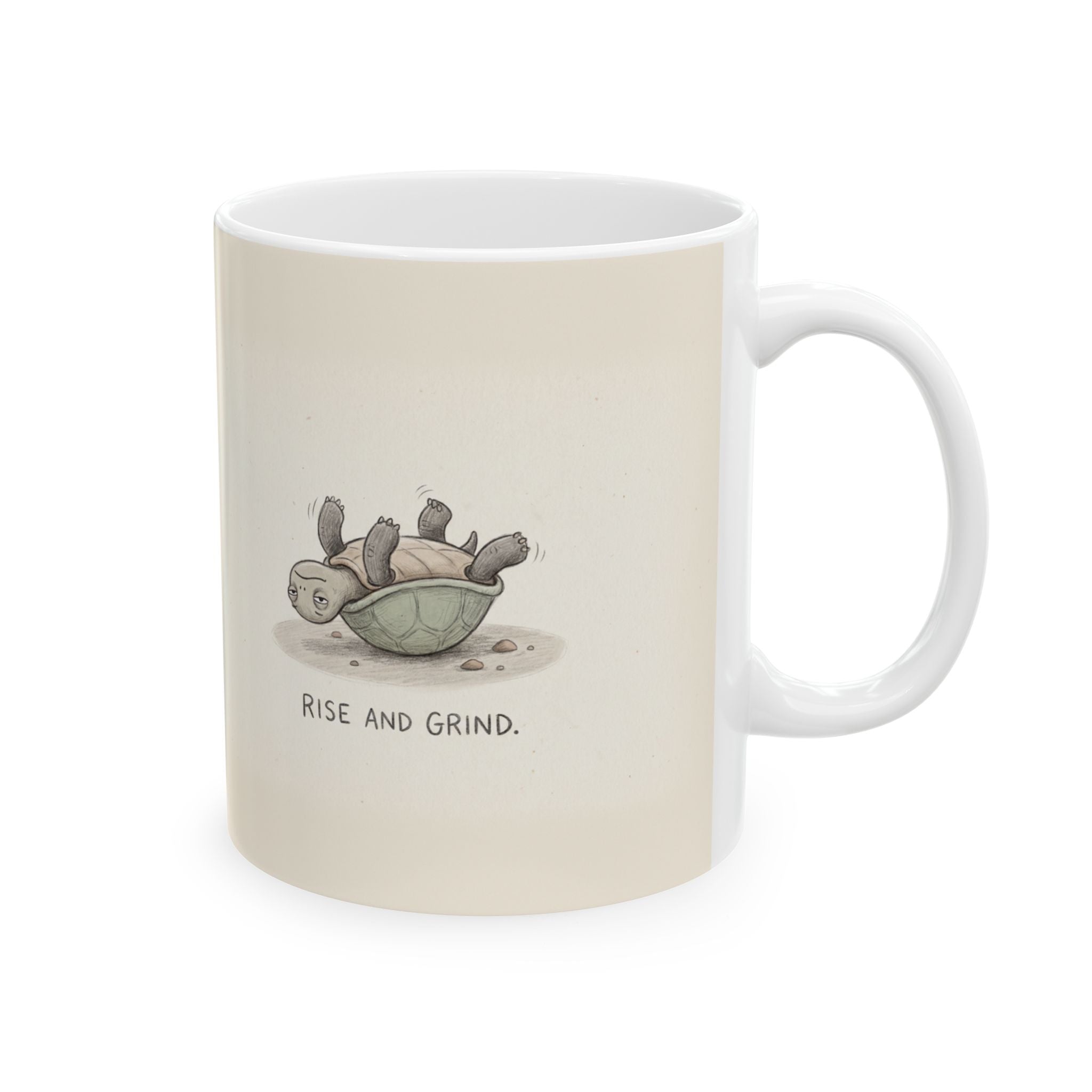 Rise and Grind Ceramic Coffee Mug — Funny Hustle-Culture Stranded Turtle Mug (11oz, 15oz)
