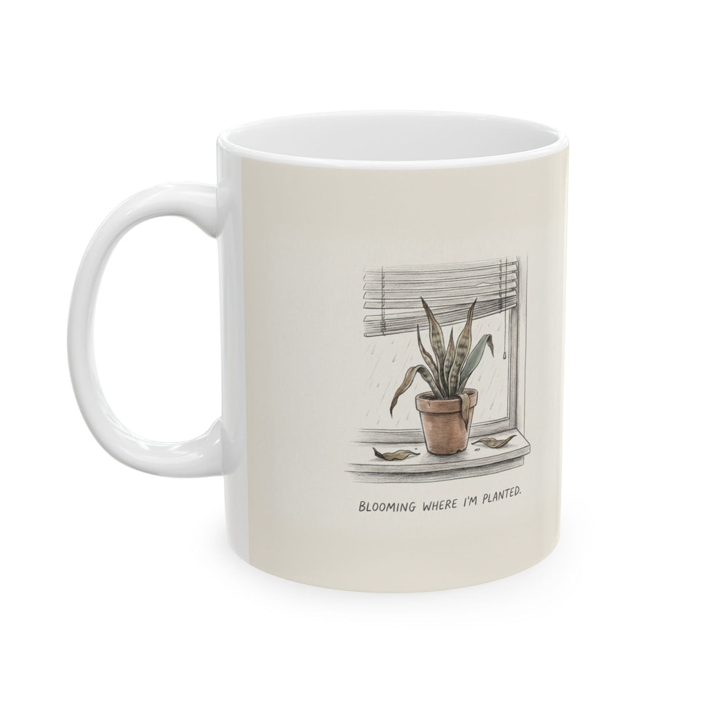 Blooming Where I'm Planted Ceramic Coffee Mug — Funny Dead-Plant Office Burnout Mug (11oz, 15oz)