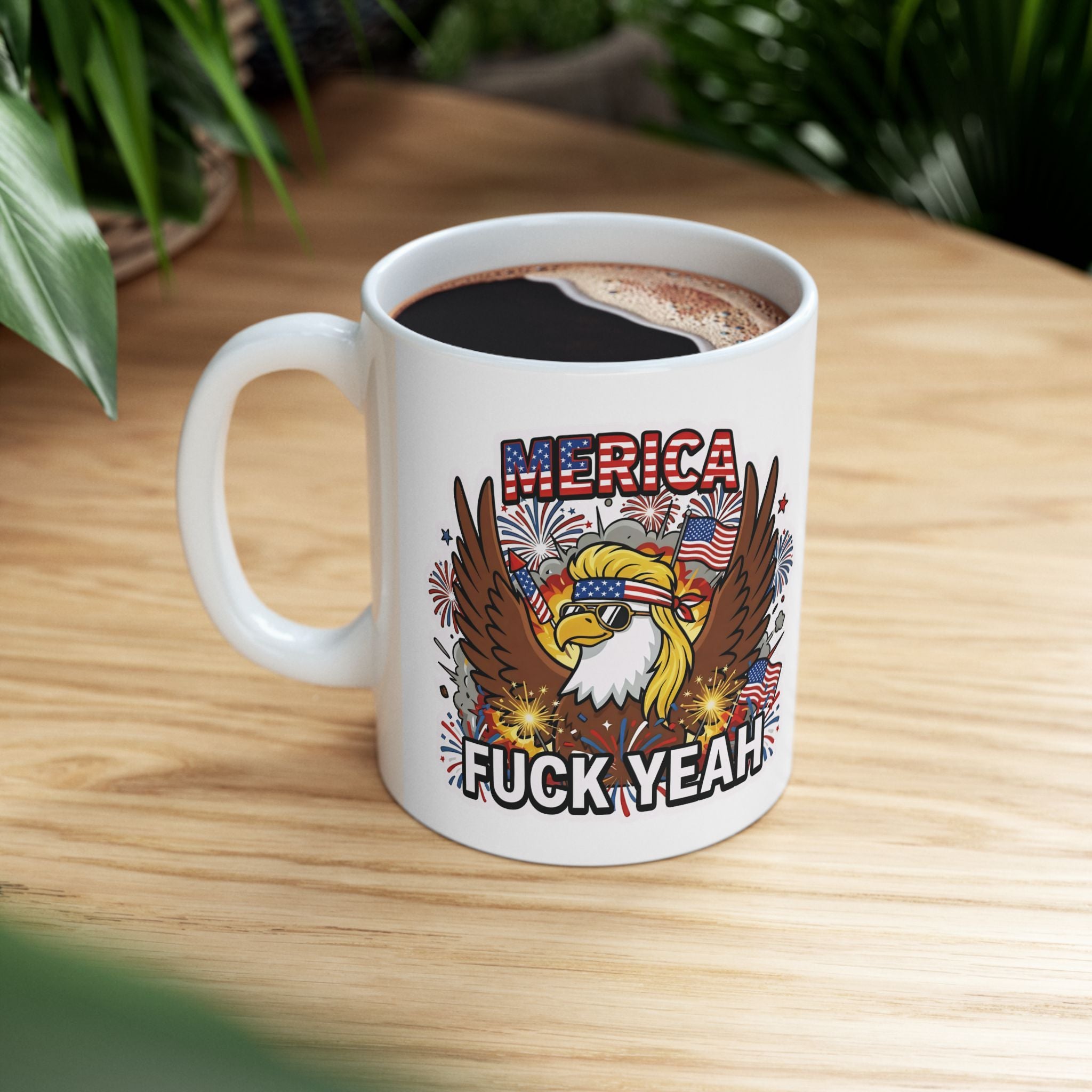 MERICA FUCK YEAH Ceramic Coffee Mug — Patriotic Bald Eagle Stars & Stripes July 4th Mug (11oz, 15oz)