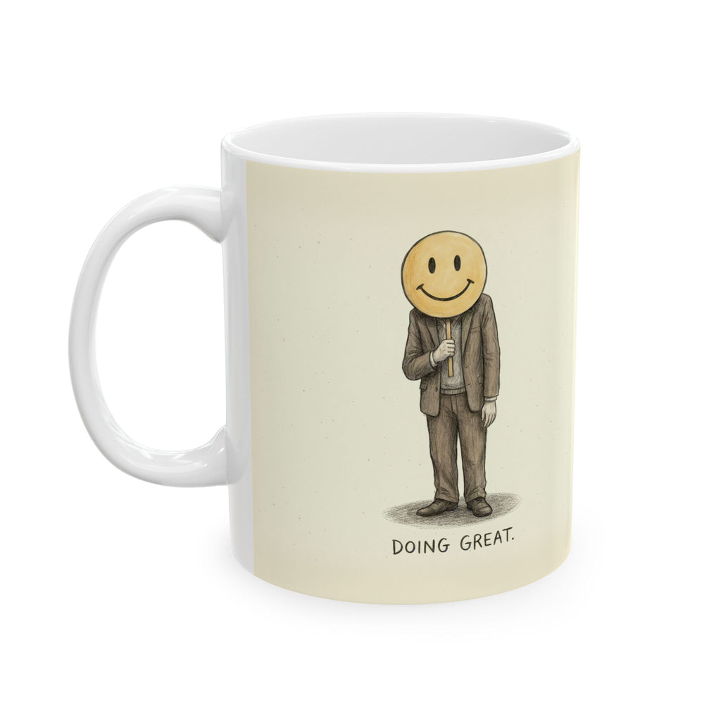Doing Great Ceramic Coffee Mug — Deadpan Fake-Smile Office Burnout Mug (11oz, 15oz)