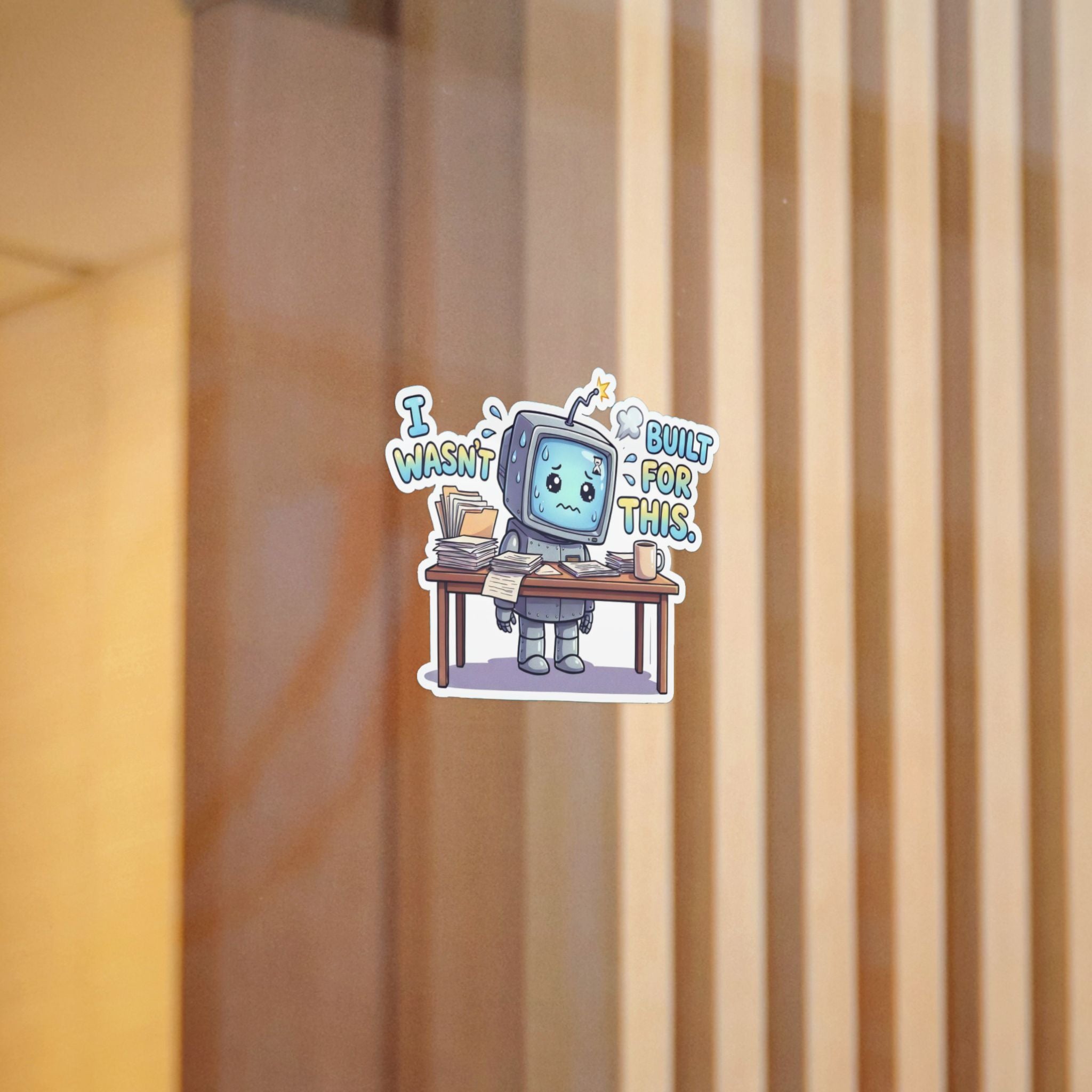 I WASN'T BUILT FOR THIS. — Stressed Robot Die-Cut Sticker (Blue Screen) · Office Humor