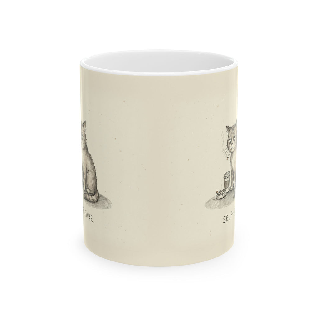 Self-Care Ceramic Coffee Mug — Deadpan Burnout Office Humor Cat Mug (11oz, 15oz)