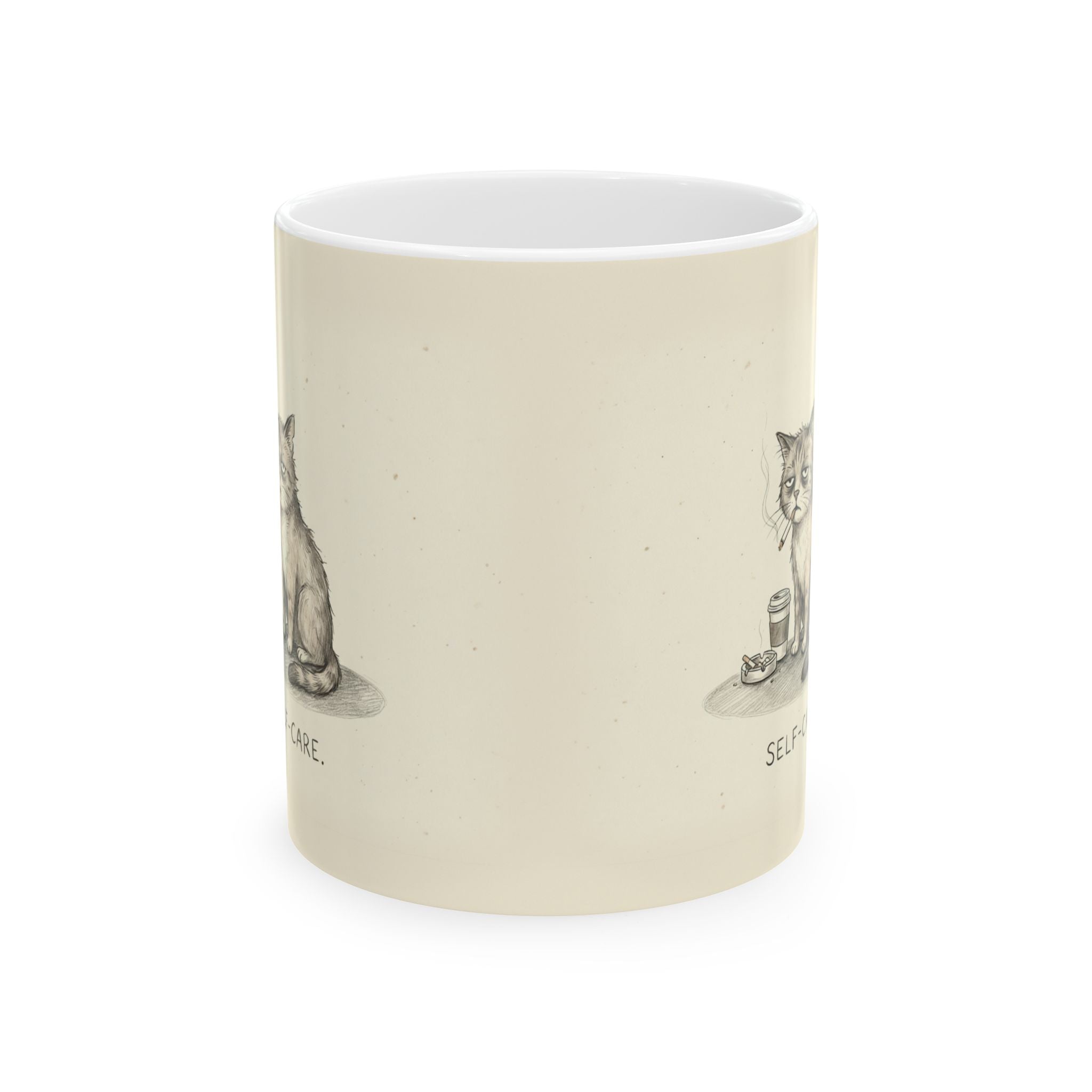 Self-Care Ceramic Coffee Mug — Deadpan Burnout Office Humor Cat Mug (11oz, 15oz)