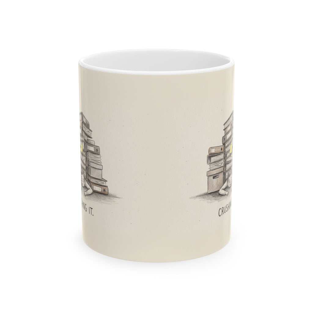 Crushing It Ceramic Coffee Mug — Deadpan Ironic Office Hustle Mug (11oz, 15oz)