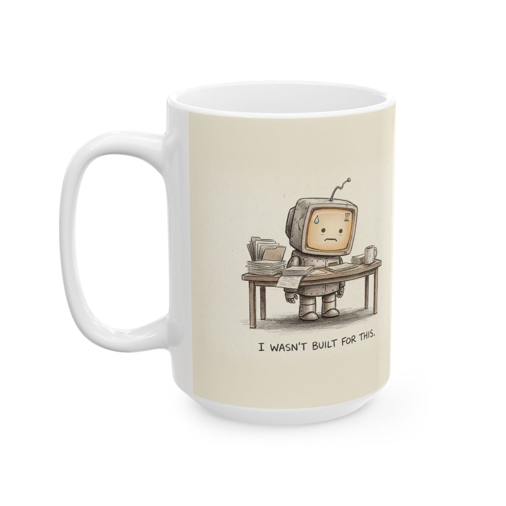 I Wasn't Built For This Ceramic Coffee Mug — Funny Burnout Stressed Robot Office Mug (11oz, 15oz)