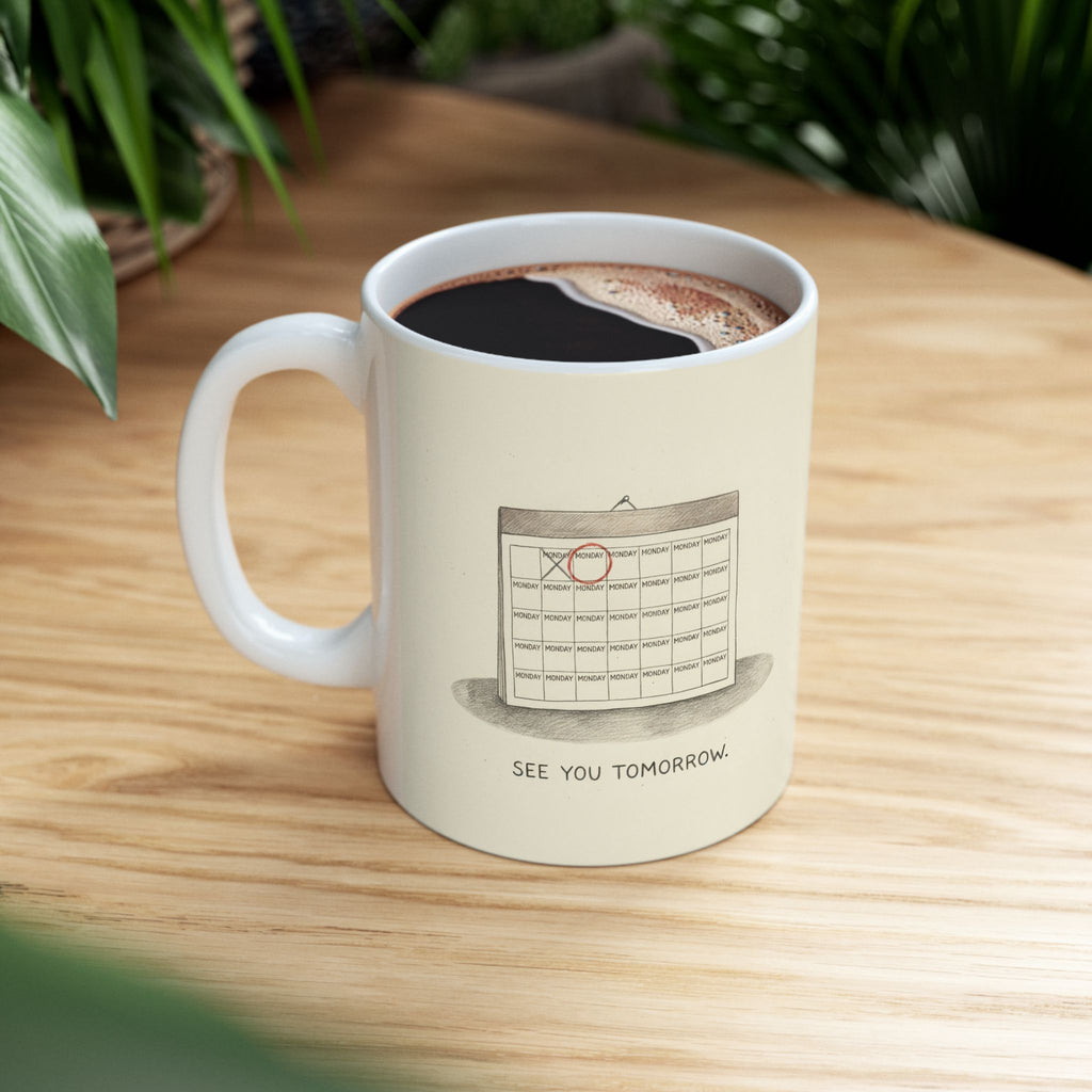See You Tomorrow Ceramic Coffee Mug — Funny Office Monotony Calendar Mug (11oz, 15oz)
