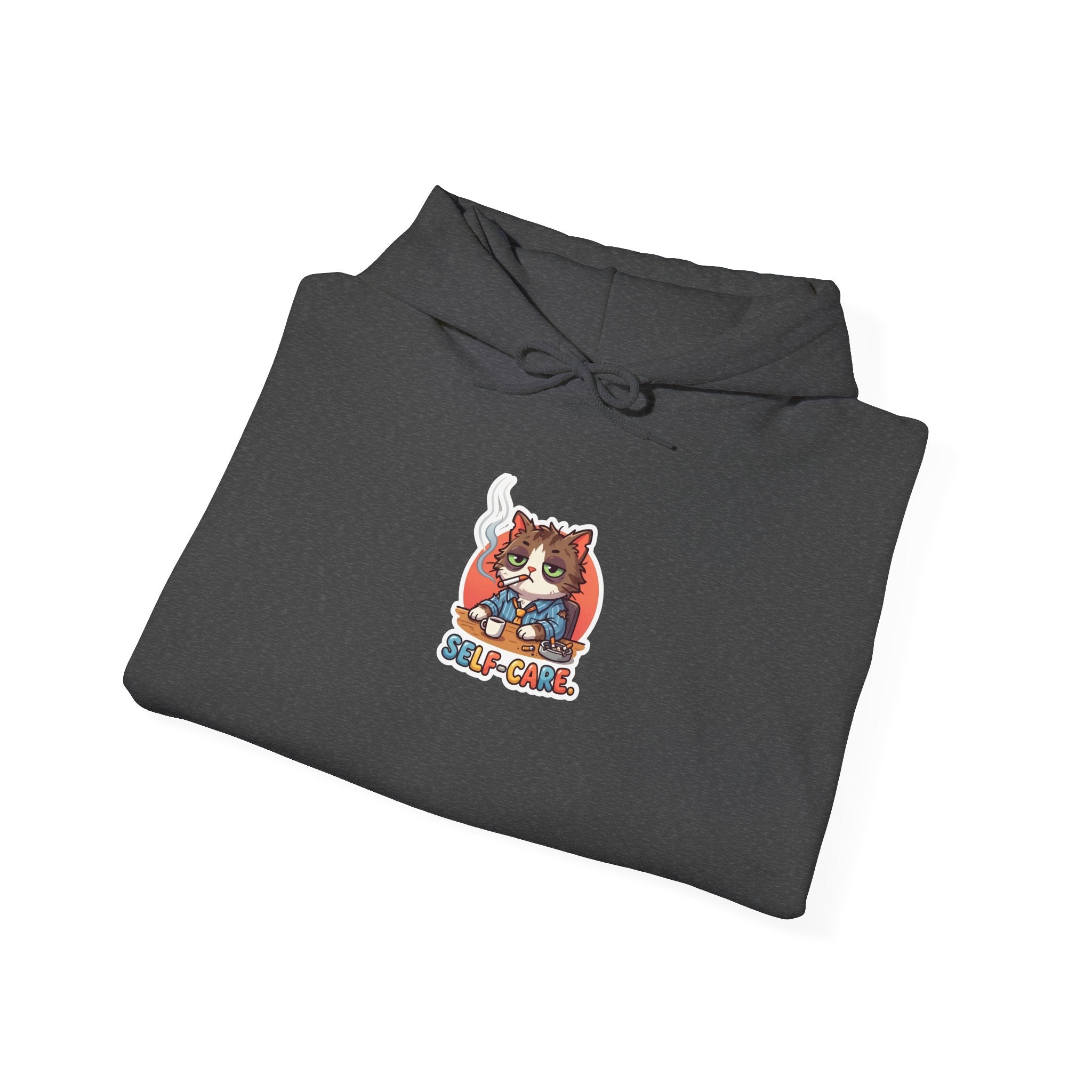 SELF-CARE. — Wrecked Cat Hoodie · Funny Office Humor Sweatshirt