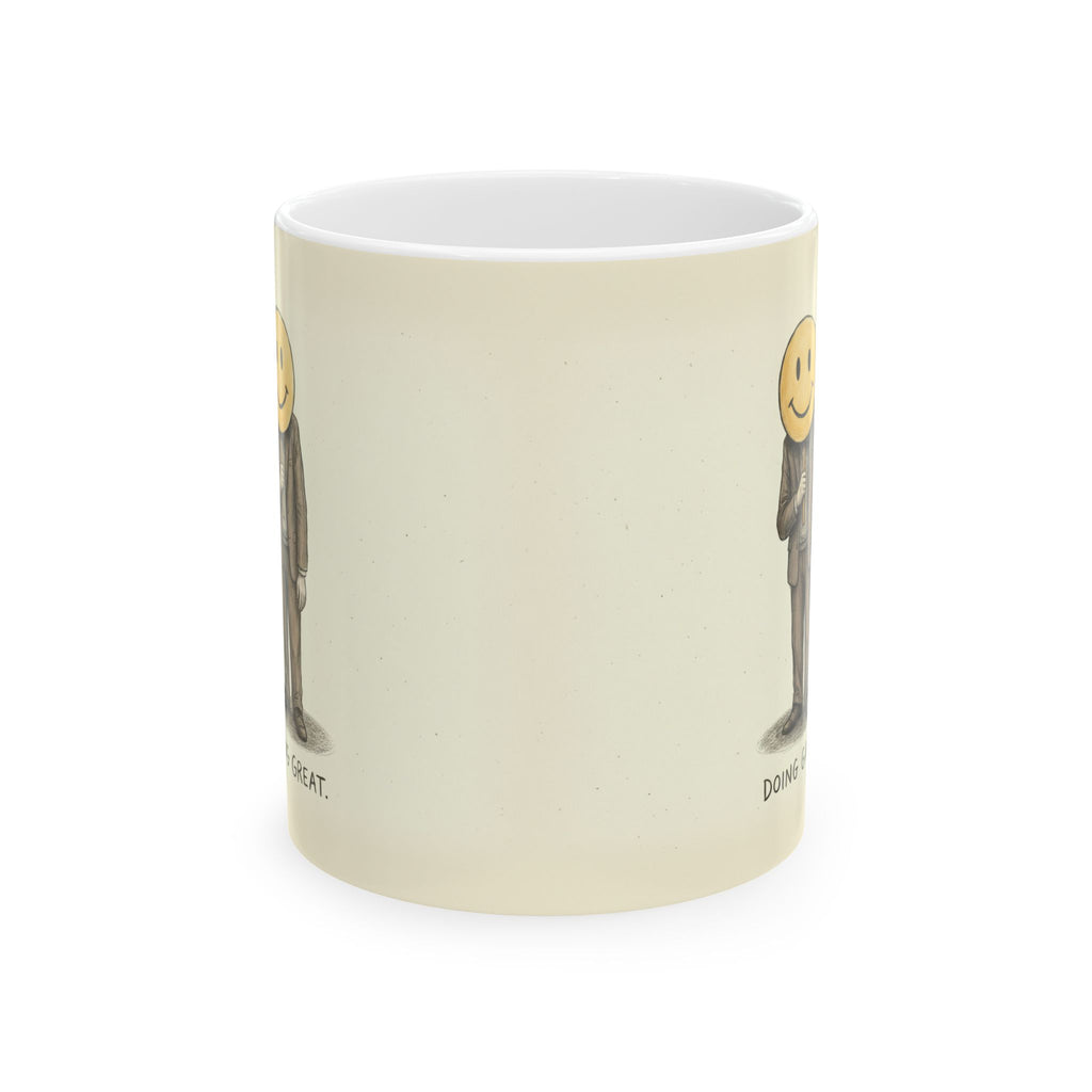 Doing Great Ceramic Coffee Mug — Deadpan Fake-Smile Office Burnout Mug (11oz, 15oz)