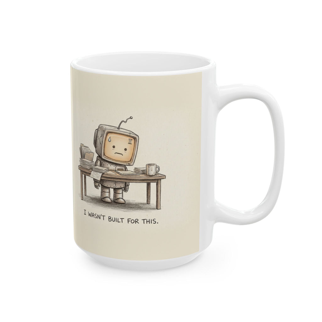 I Wasn't Built For This Ceramic Coffee Mug — Funny Burnout Stressed Robot Office Mug (11oz, 15oz)