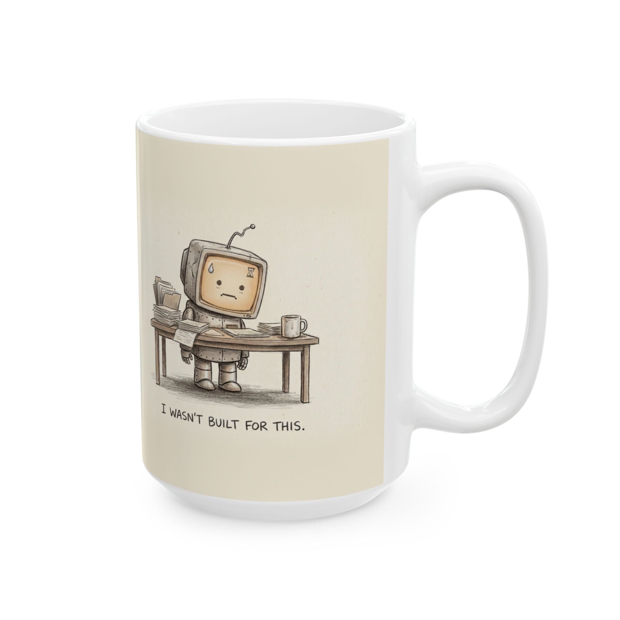 I Wasn't Built For This Ceramic Coffee Mug — Funny Burnout Stressed Robot Office Mug (11oz, 15oz)