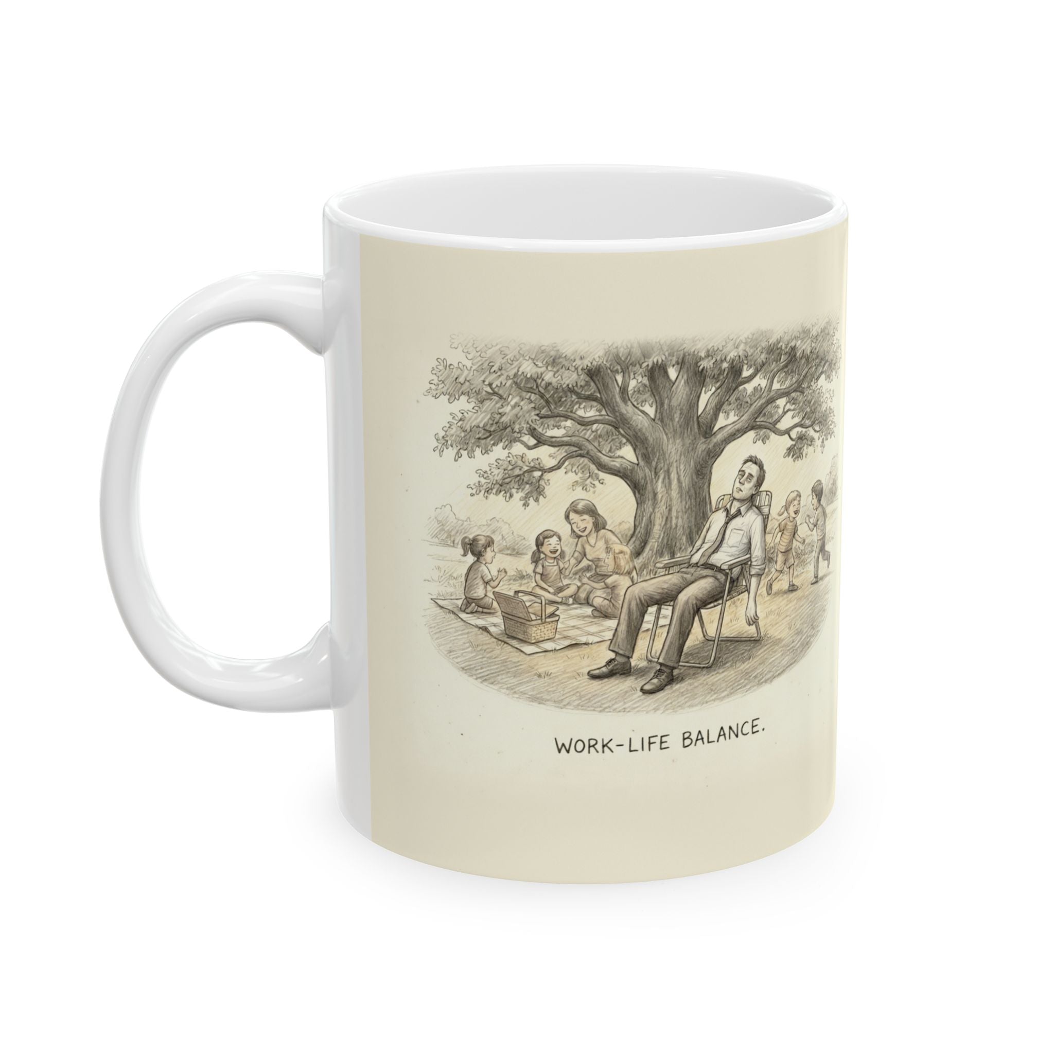 Work-Life Balance Ceramic Coffee Mug — Deadpan Ironic Office Humor Mug (11oz, 15oz)