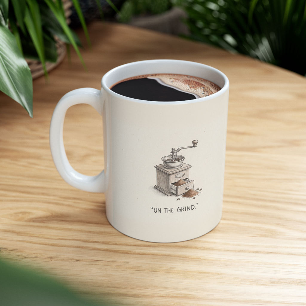 On the Grind Ceramic Coffee Mug — Funny Hustle-Culture Coffee Grinder Mug (11oz, 15oz)