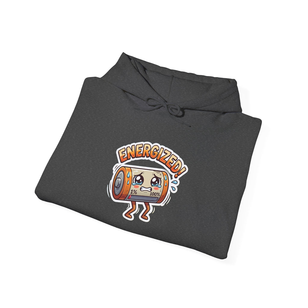 ENERGIZED! — Drained Battery Hoodie · Funny Office Humor Sweatshirt