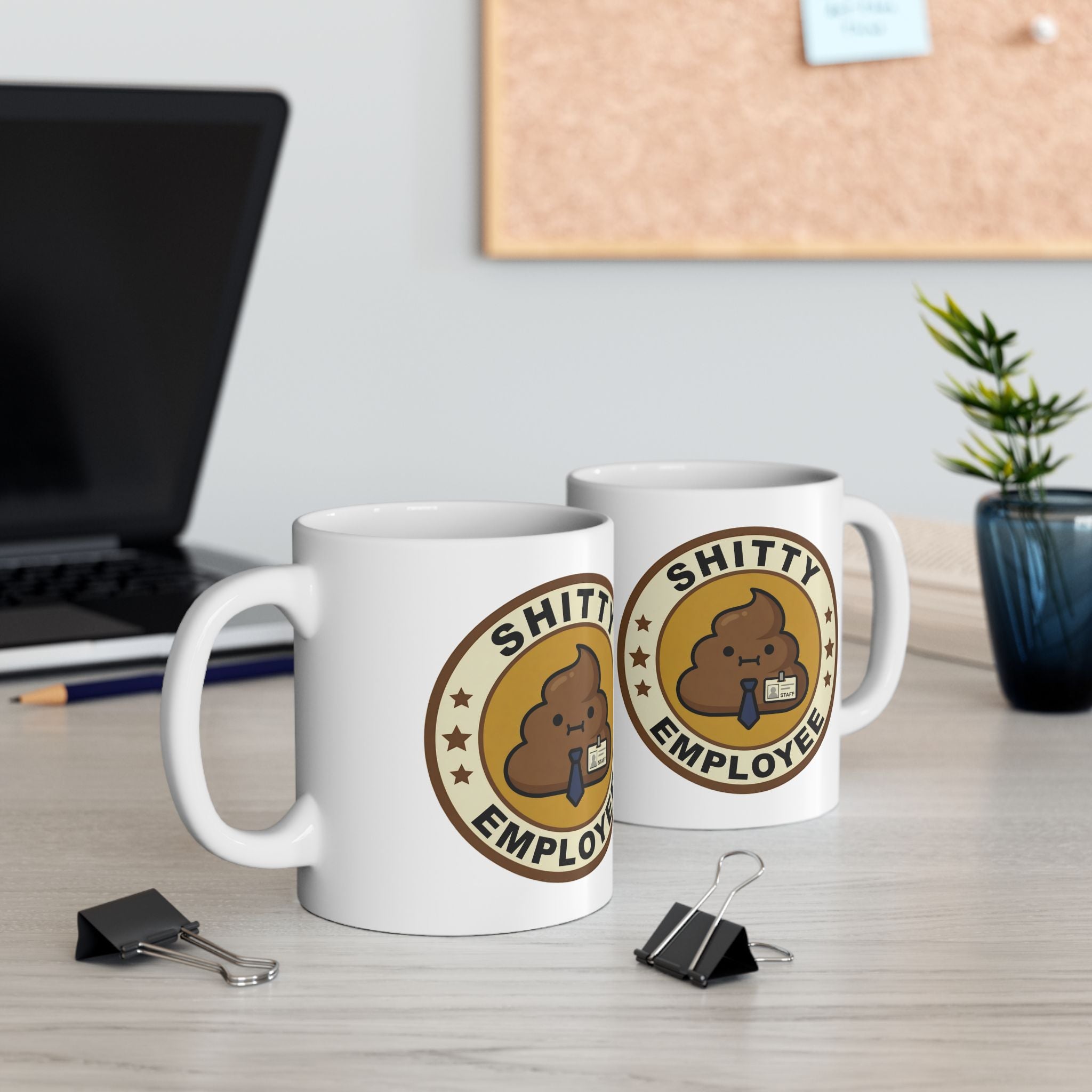 Shitty Employee Ceramic Coffee Mug — Funny Deadpan Poo Badge Office Humor Mug (11oz, 15oz)