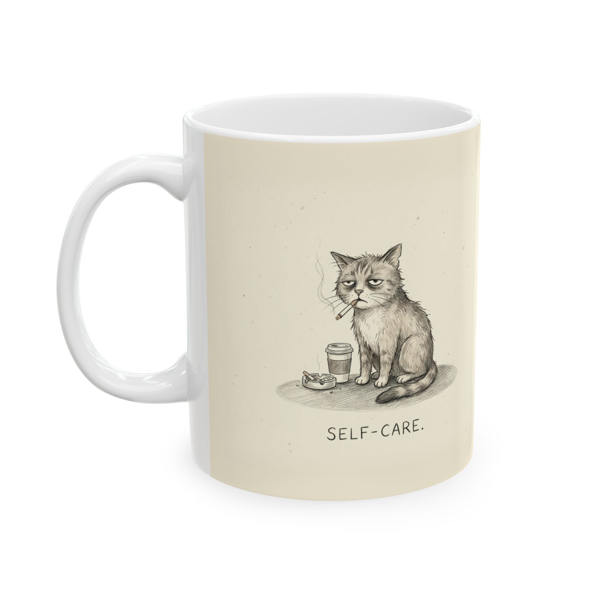 Self-Care Ceramic Coffee Mug — Deadpan Burnout Office Humor Cat Mug (11oz, 15oz)