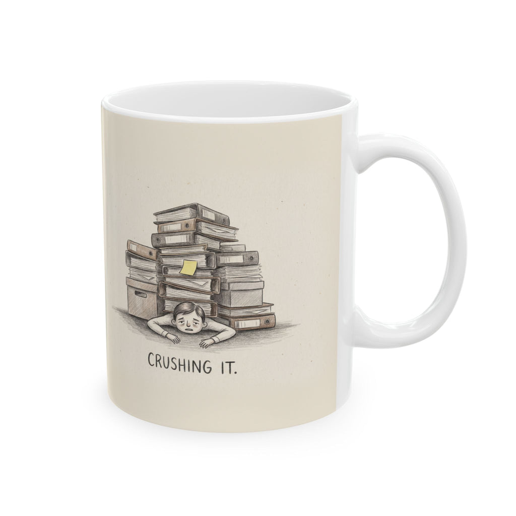 Crushing It Ceramic Coffee Mug — Deadpan Ironic Office Hustle Mug (11oz, 15oz)
