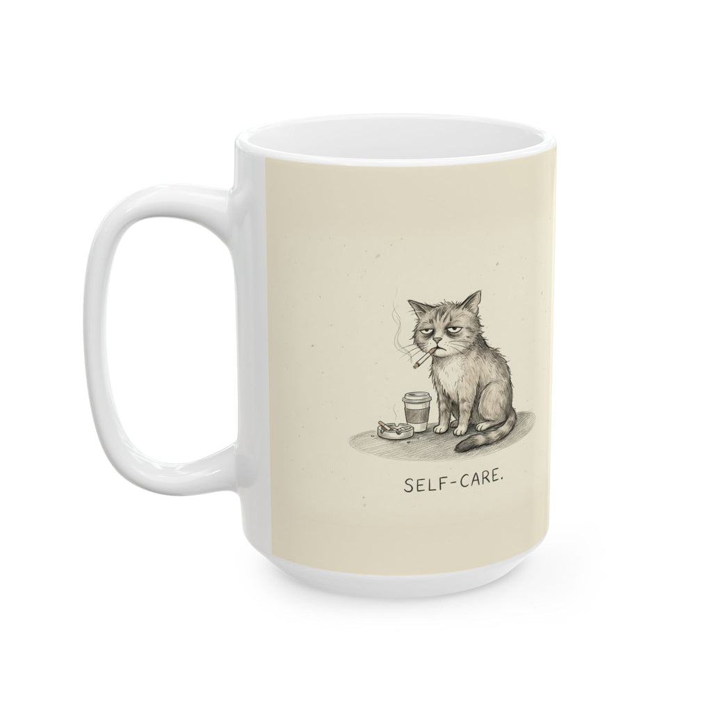 Self-Care Ceramic Coffee Mug — Deadpan Burnout Office Humor Cat Mug (11oz, 15oz)