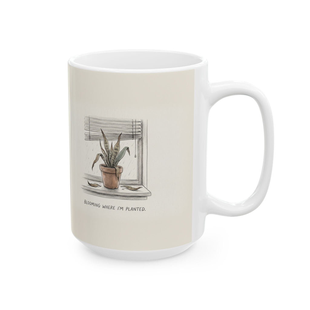 Blooming Where I'm Planted Ceramic Coffee Mug — Funny Dead-Plant Office Burnout Mug (11oz, 15oz)