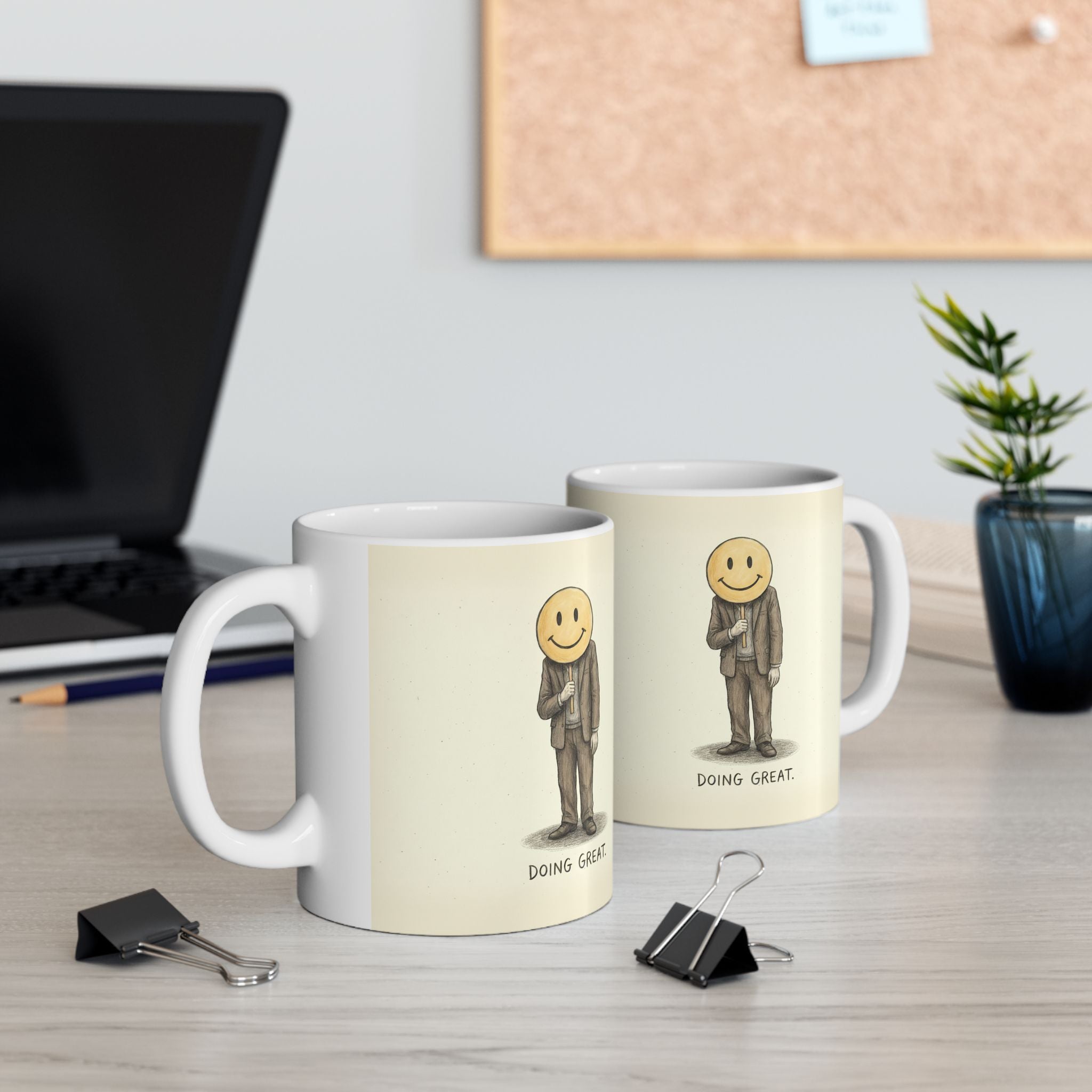Doing Great Ceramic Coffee Mug — Deadpan Fake-Smile Office Burnout Mug (11oz, 15oz)