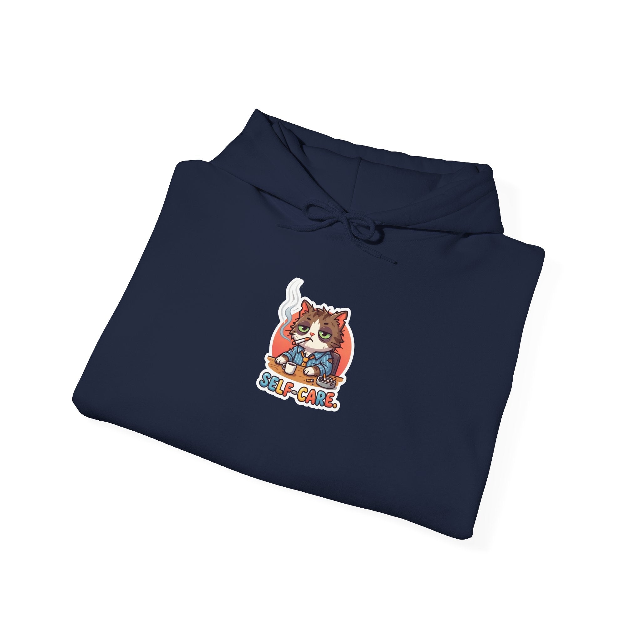 SELF-CARE. — Wrecked Cat Hoodie · Funny Office Humor Sweatshirt