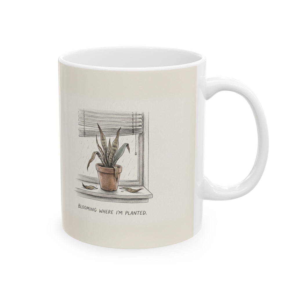Blooming Where I'm Planted Ceramic Coffee Mug — Funny Dead-Plant Office Burnout Mug (11oz, 15oz)