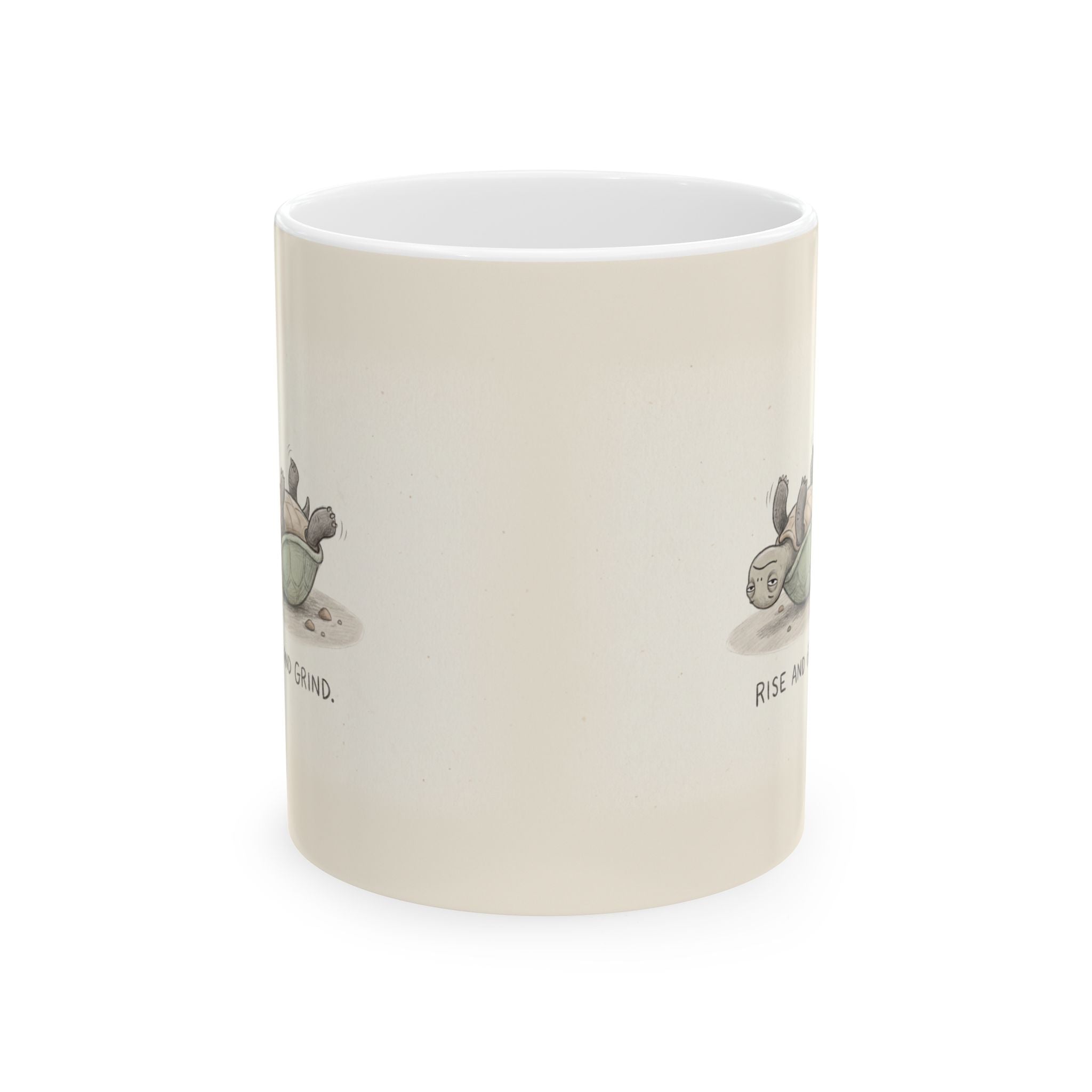 Rise and Grind Ceramic Coffee Mug — Funny Hustle-Culture Stranded Turtle Mug (11oz, 15oz)
