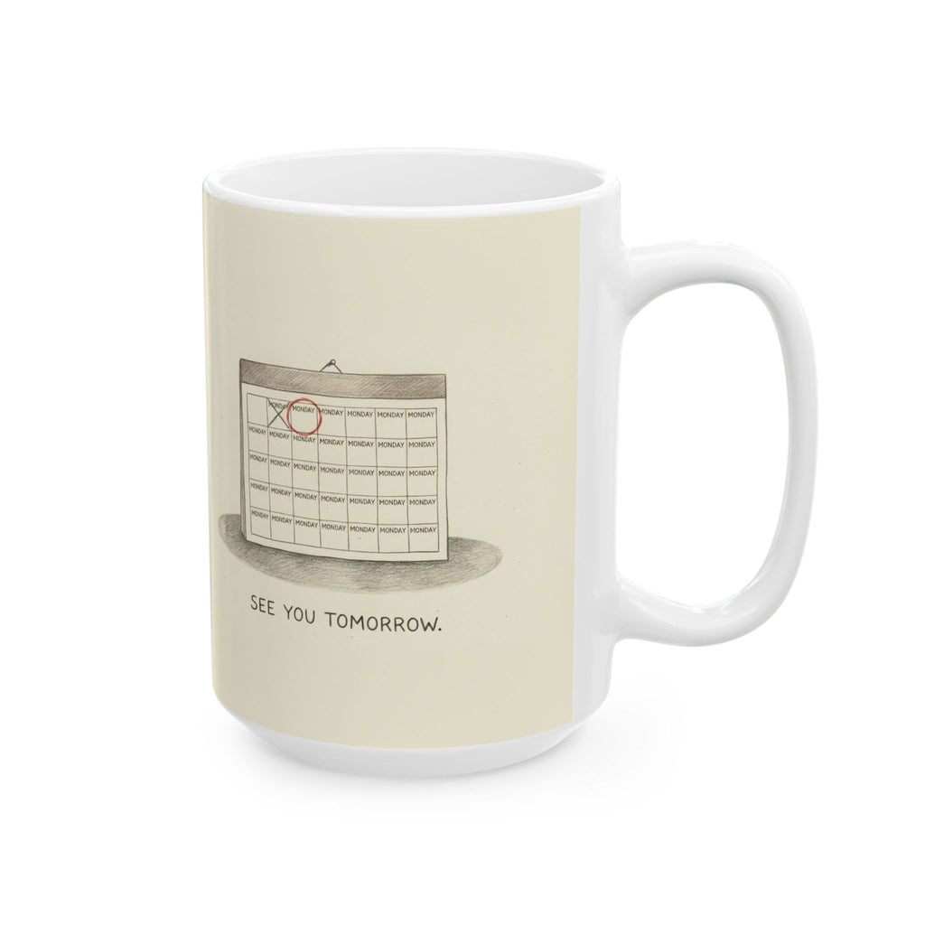 See You Tomorrow Ceramic Coffee Mug — Funny Office Monotony Calendar Mug (11oz, 15oz)