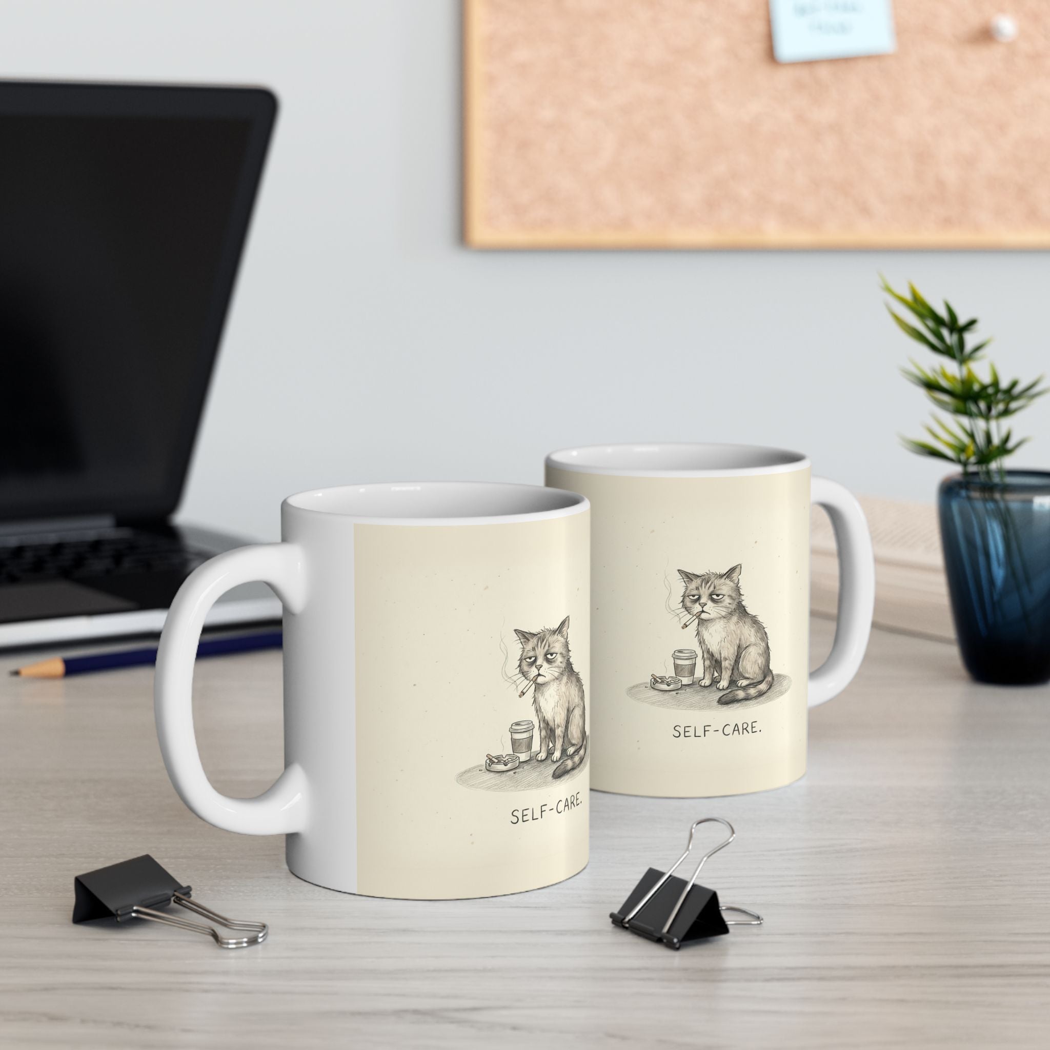 Self-Care Ceramic Coffee Mug — Deadpan Burnout Office Humor Cat Mug (11oz, 15oz)