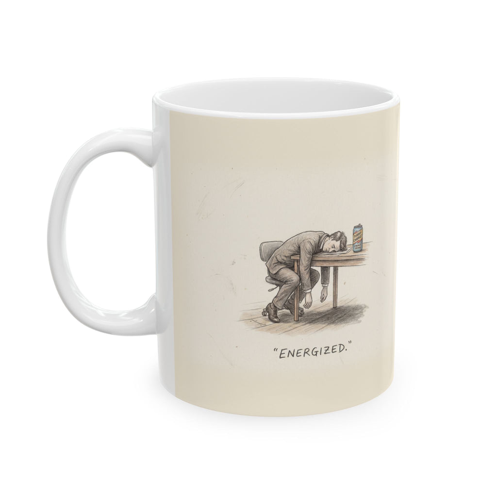 Energized Ceramic Coffee Mug — Deadpan Burnout Office Humor Mug (11oz, 15oz)