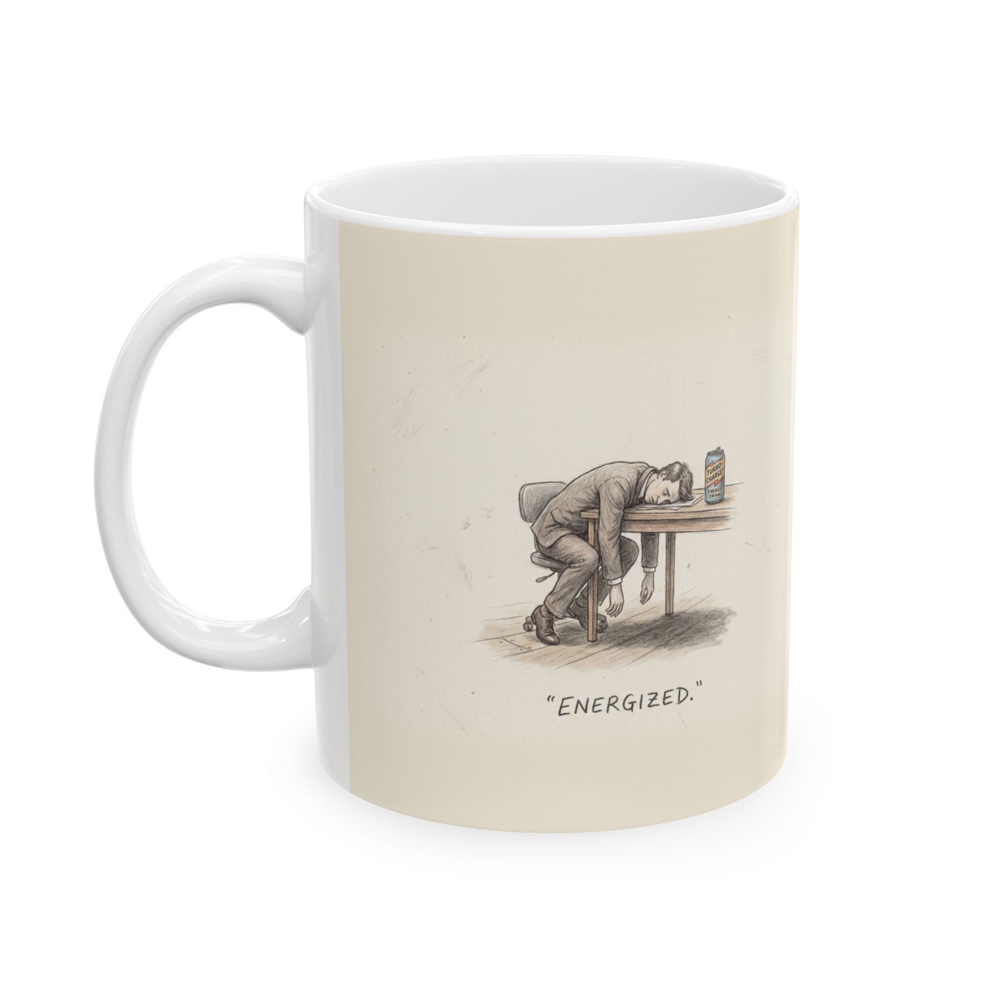 Energized Ceramic Coffee Mug — Deadpan Burnout Office Humor Mug (11oz, 15oz)