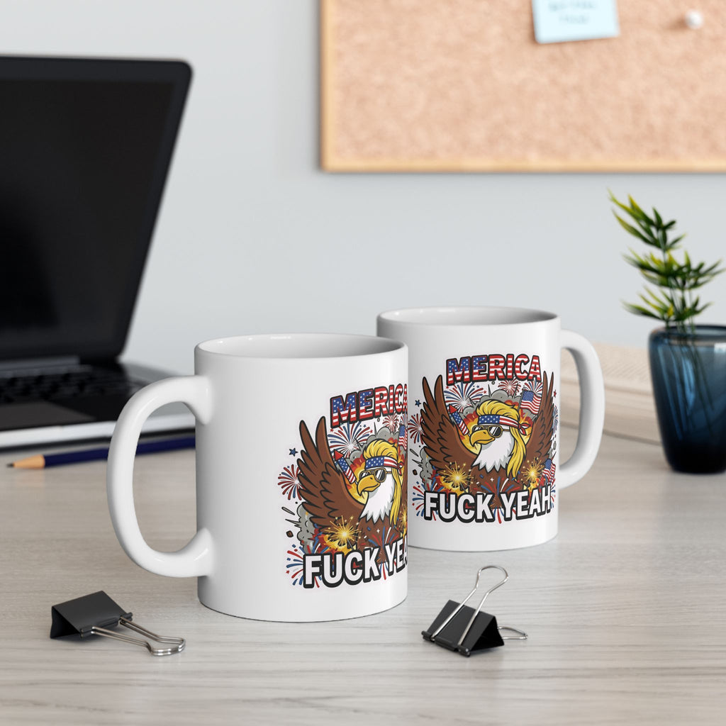 MERICA FUCK YEAH Ceramic Coffee Mug — Patriotic Bald Eagle Stars & Stripes July 4th Mug (11oz, 15oz)
