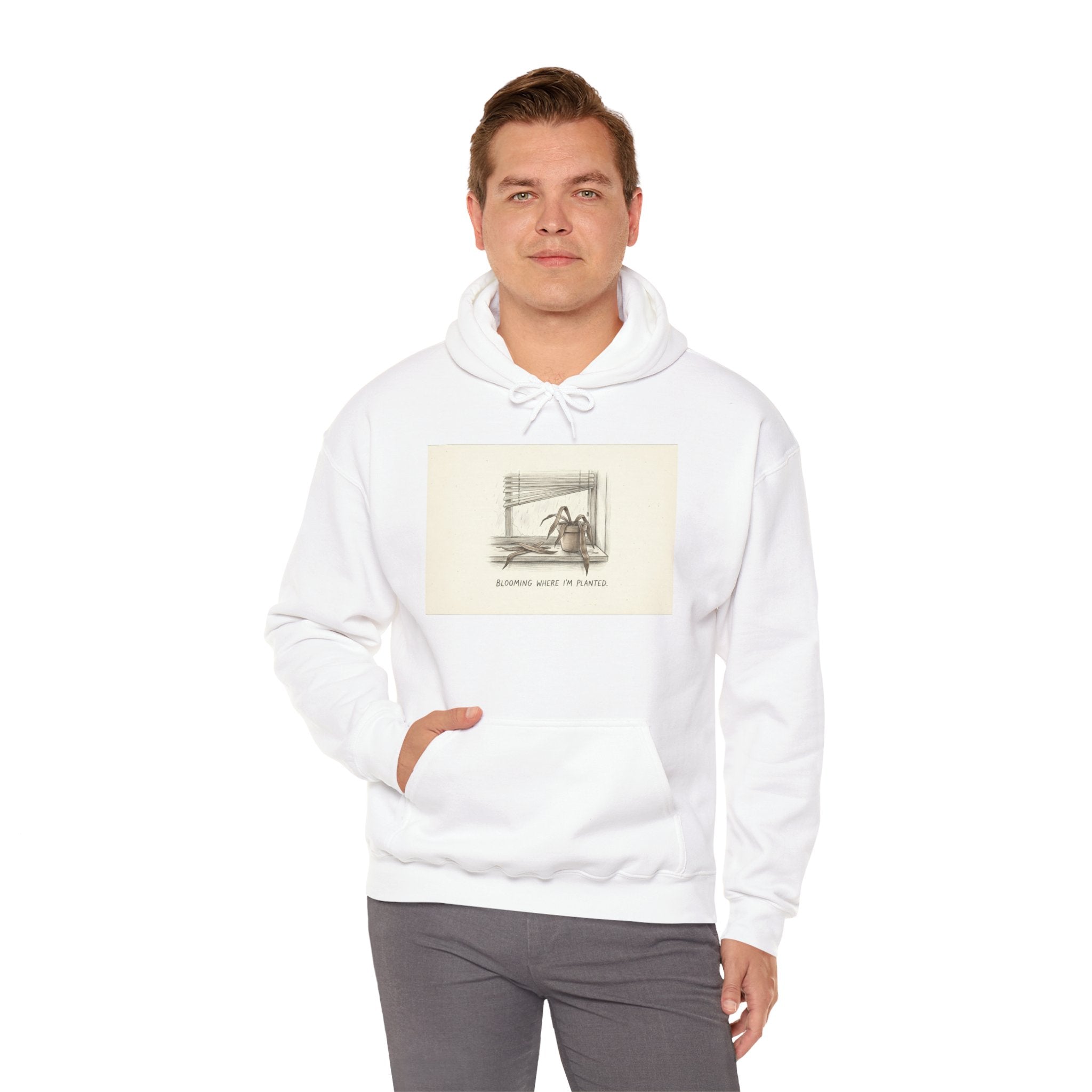 BLOOMING WHERE I'M PLANTED. — Dead Plant Hoodie · Funny Office Humor Sweatshirt