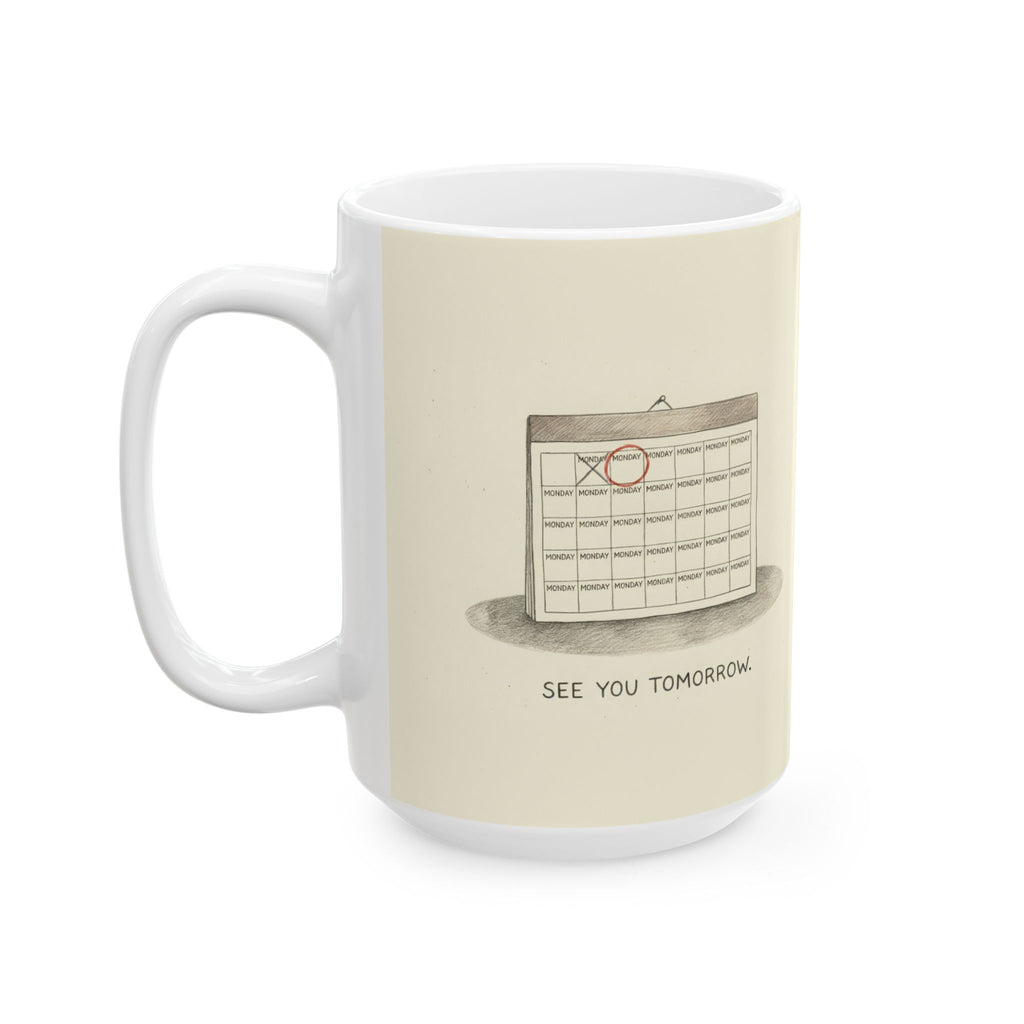 See You Tomorrow Ceramic Coffee Mug — Funny Office Monotony Calendar Mug (11oz, 15oz)
