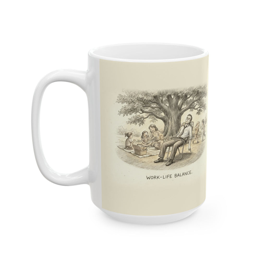 Work-Life Balance Ceramic Coffee Mug — Deadpan Ironic Office Humor Mug (11oz, 15oz)