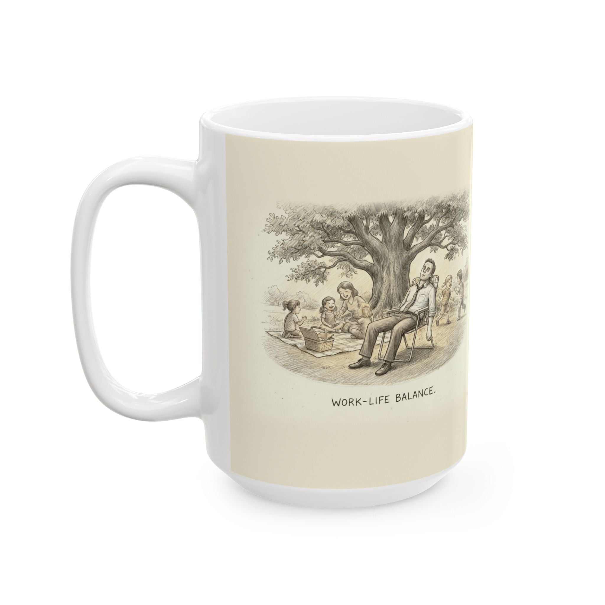 Work-Life Balance Ceramic Coffee Mug — Deadpan Ironic Office Humor Mug (11oz, 15oz)