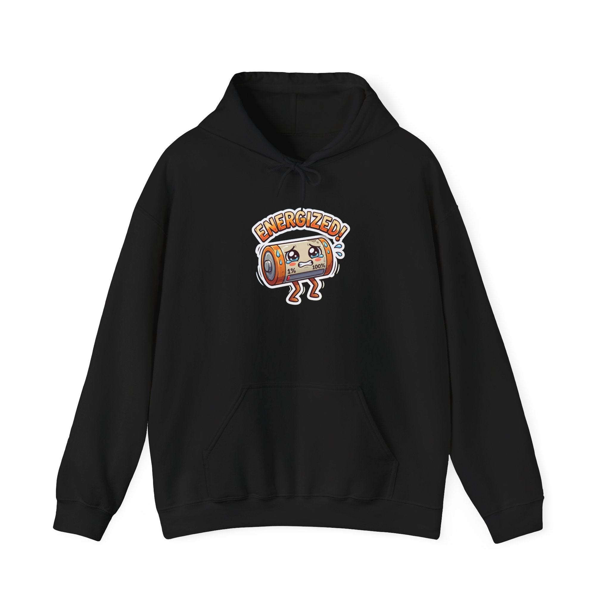 ENERGIZED! — Drained Battery Hoodie · Funny Office Humor Sweatshirt