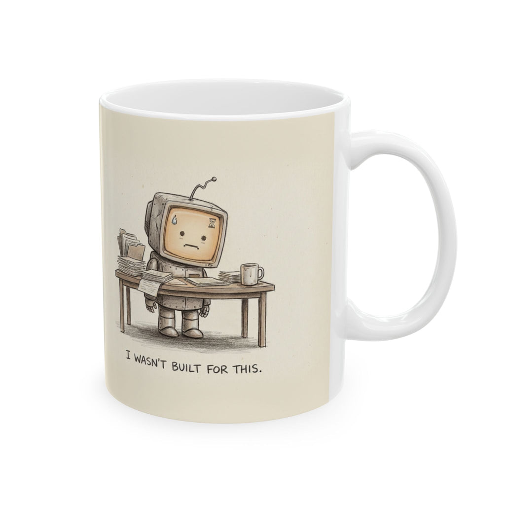I Wasn't Built For This Ceramic Coffee Mug — Funny Burnout Stressed Robot Office Mug (11oz, 15oz)