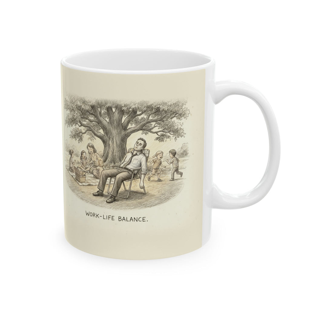 Work-Life Balance Ceramic Coffee Mug — Deadpan Ironic Office Humor Mug (11oz, 15oz)