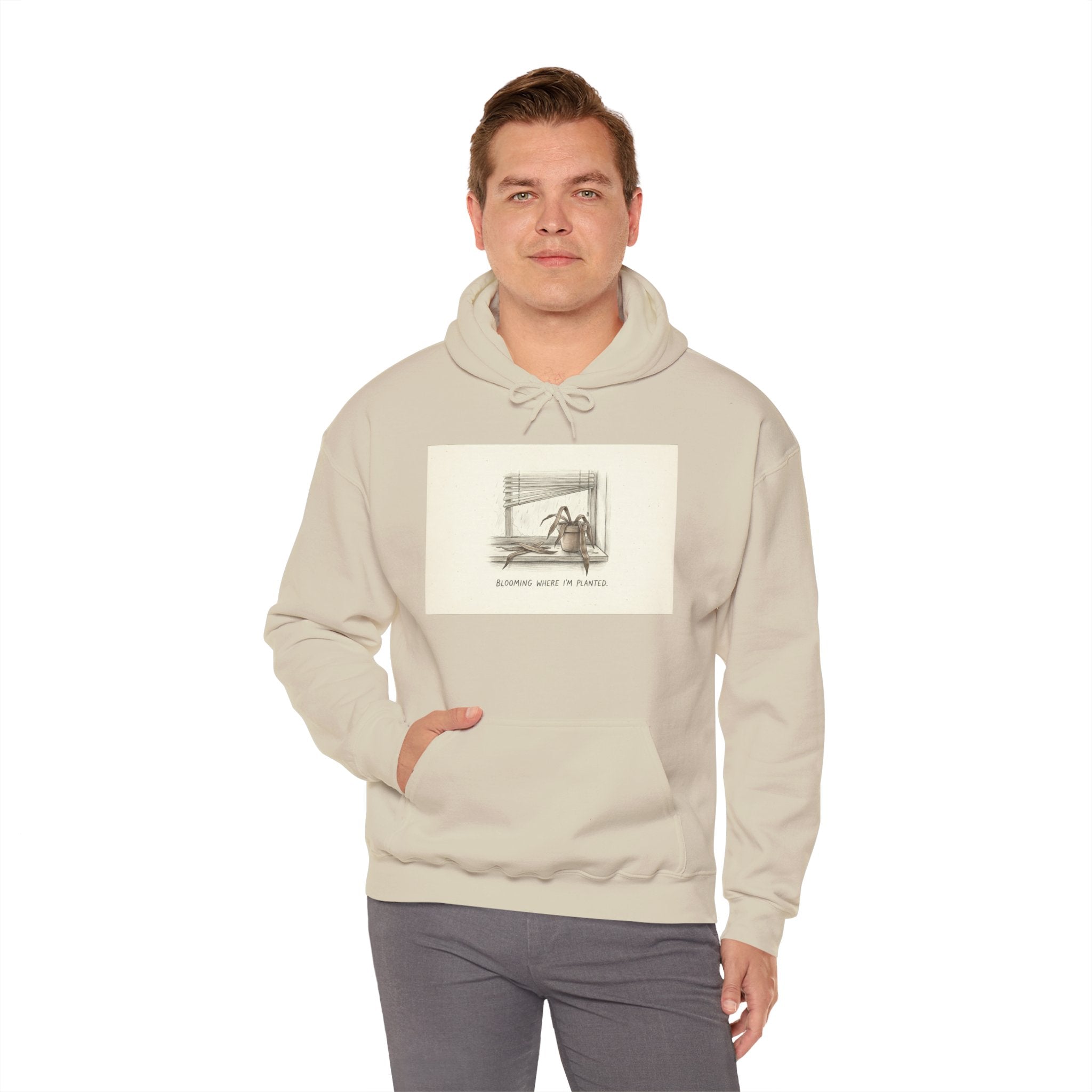 BLOOMING WHERE I'M PLANTED. — Dead Plant Hoodie · Funny Office Humor Sweatshirt