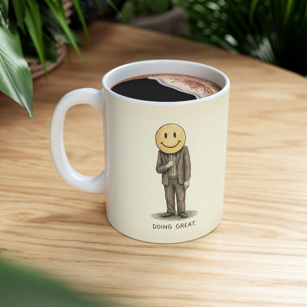 Doing Great Ceramic Coffee Mug — Deadpan Fake-Smile Office Burnout Mug (11oz, 15oz)