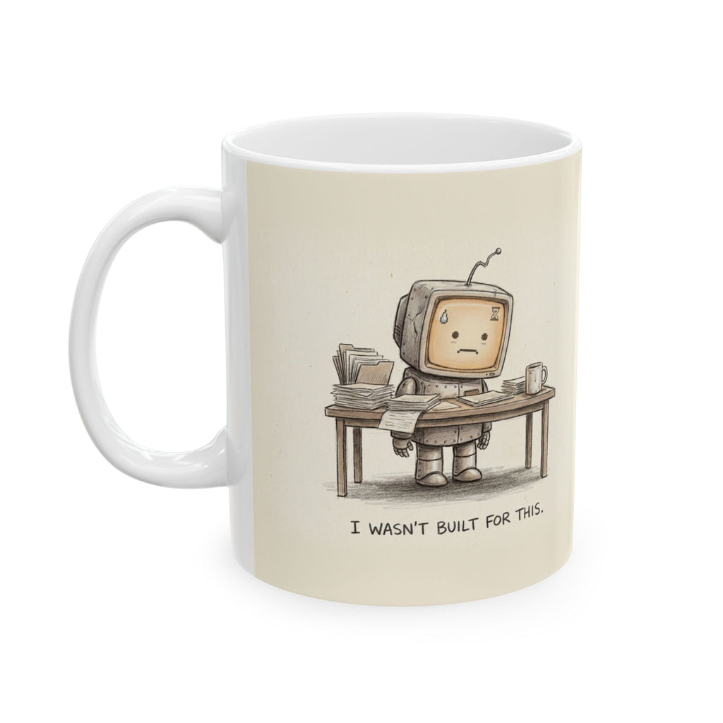 I Wasn't Built For This Ceramic Coffee Mug — Funny Burnout Stressed Robot Office Mug (11oz, 15oz)