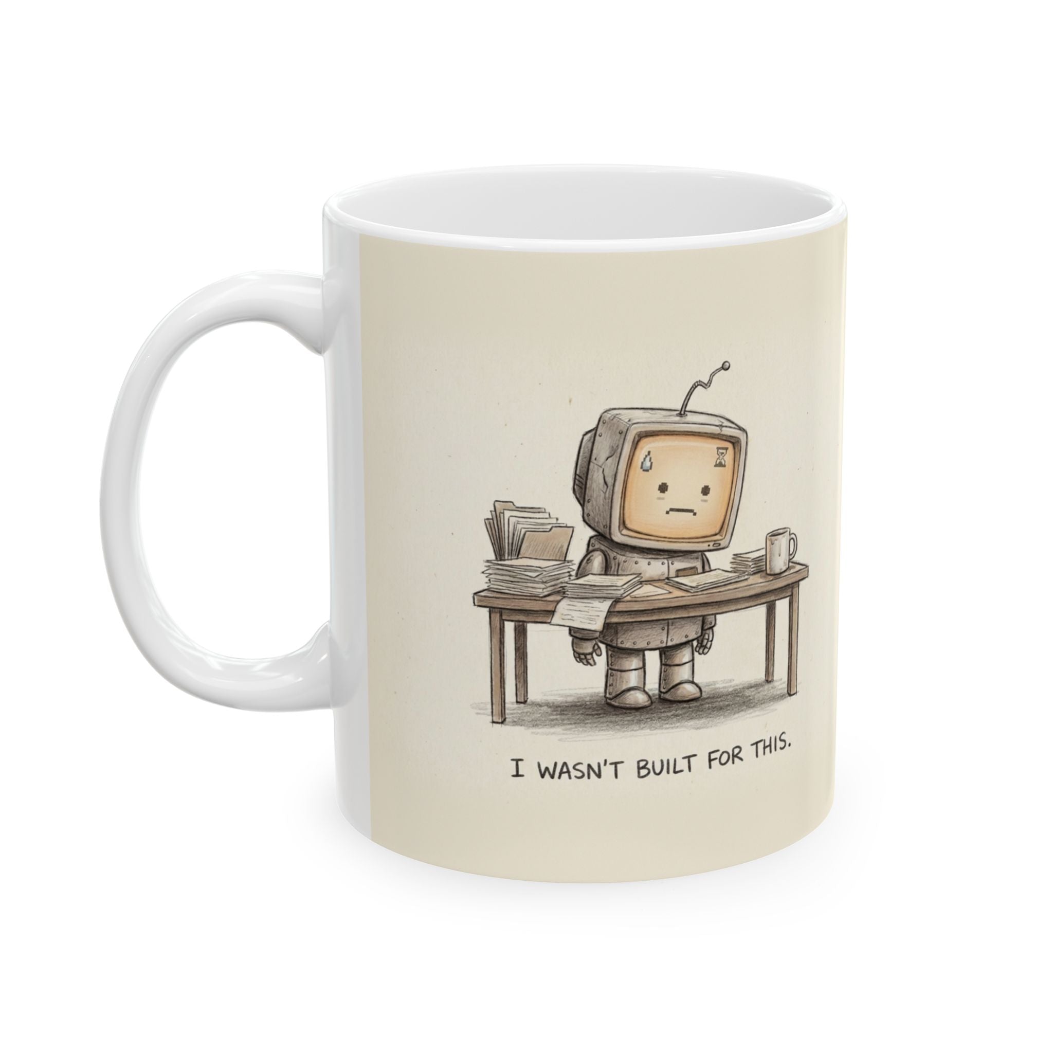I Wasn't Built For This Ceramic Coffee Mug — Funny Burnout Stressed Robot Office Mug (11oz, 15oz)