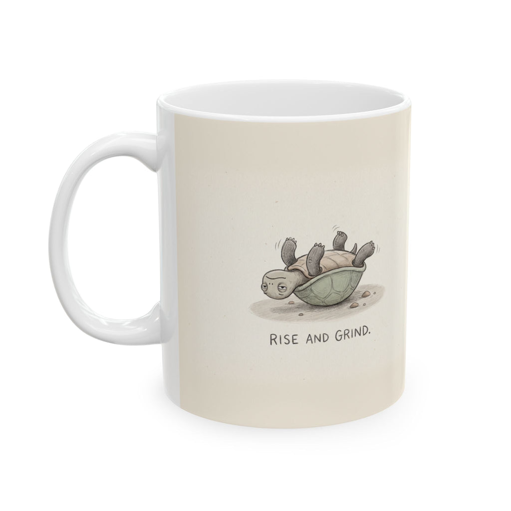 Rise and Grind Ceramic Coffee Mug — Funny Hustle-Culture Stranded Turtle Mug (11oz, 15oz)